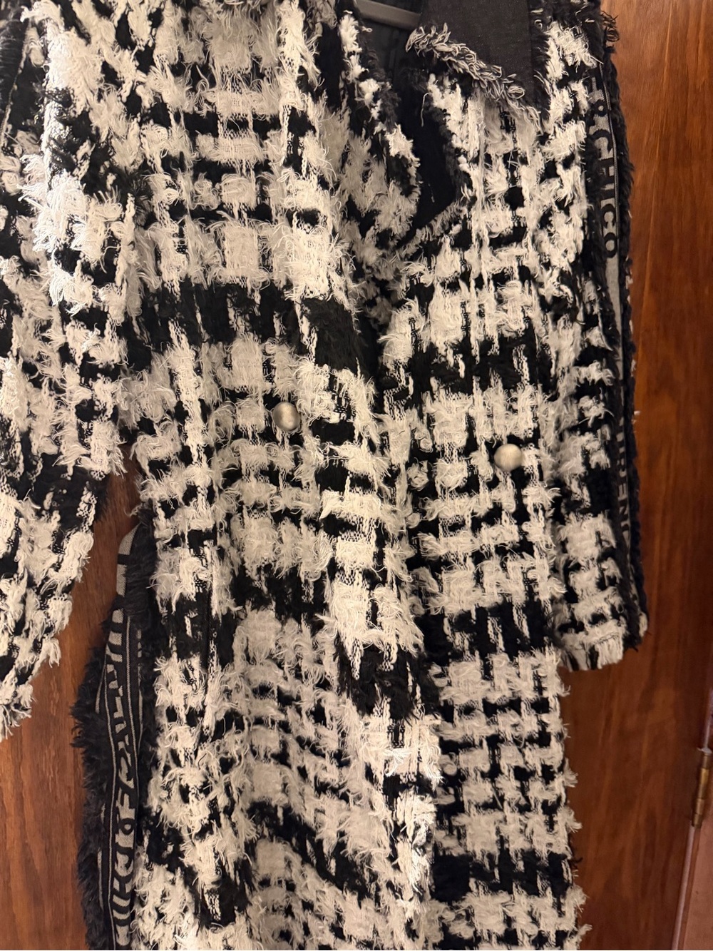 Black & White Fringe Tweed Pea Coat